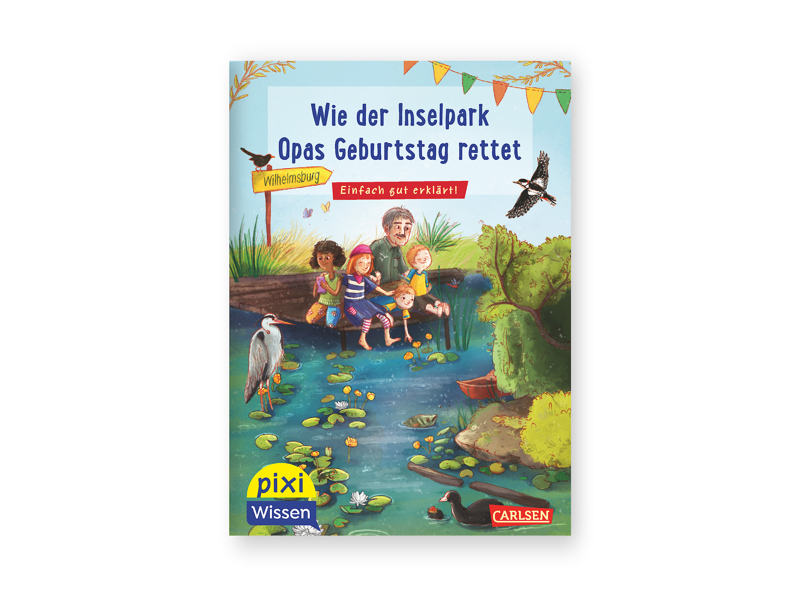 Das Cover zeigt Kinder und einen älteren Mann, die an einem Teich mit Seerosen sitzen. Ein Reiher und eine Ente sind zu sehen. Der Titel lautet „Wie der Inselpark Opas Geburtstag rettet“.