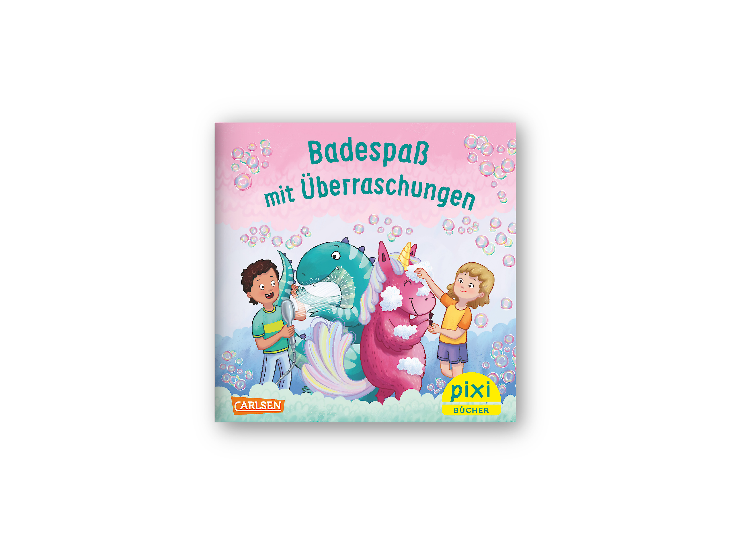 Das Pixi-Buch zeigt zwei Kinder, die ein Einhorn und einen Dinosaurier mit Schaum waschen. Oben steht der Titel „Badespaß mit Überraschungen“.