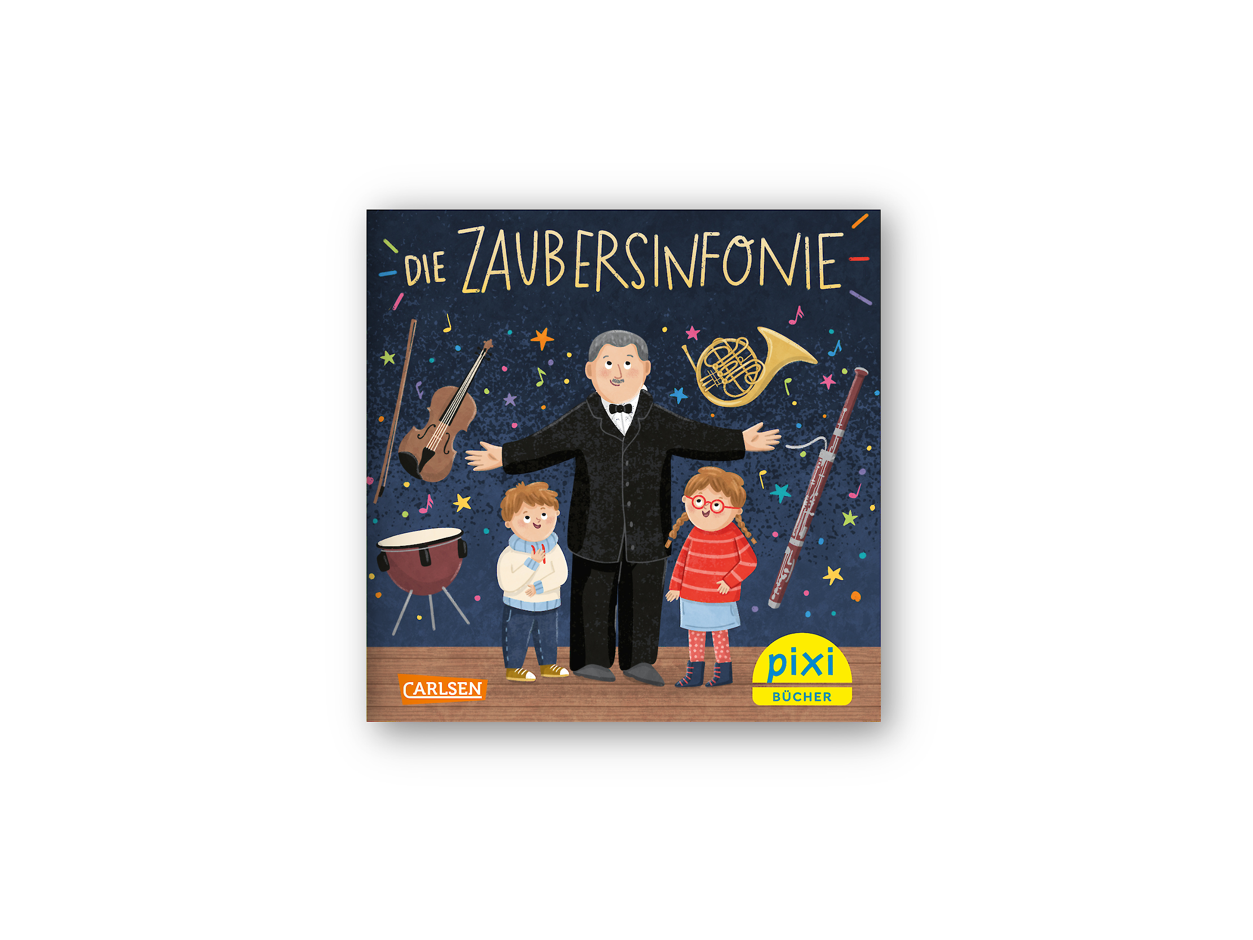 Das Pixi Buch zeigt einen Dirigenten auf einer Bühne mit zwei Kindern. Im Hintergrund sind Instrumente und bunte Sterne. Der Titel lautet „Die Zaubersinfonie“.