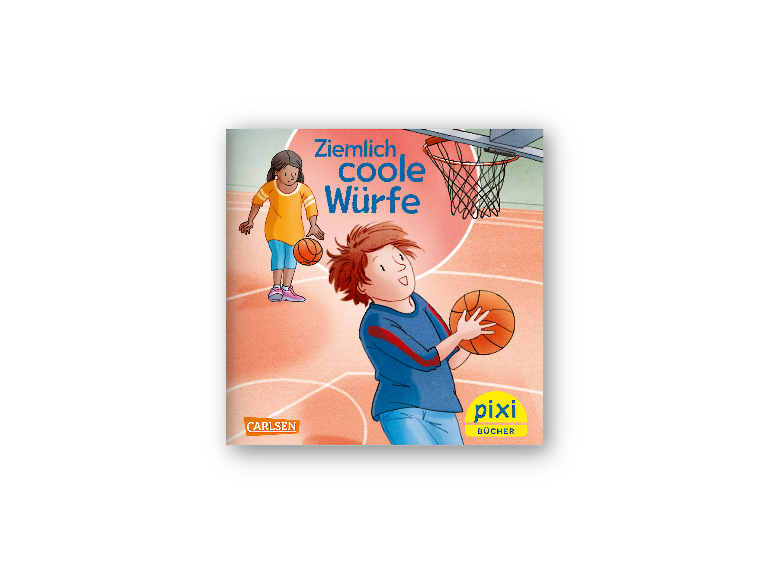 Das Pixi zeigt zwei Kinder auf einem Basketballfeld. Sie spielen Basketball. Der Titel lautet „Ziemlich coole Würfe“.