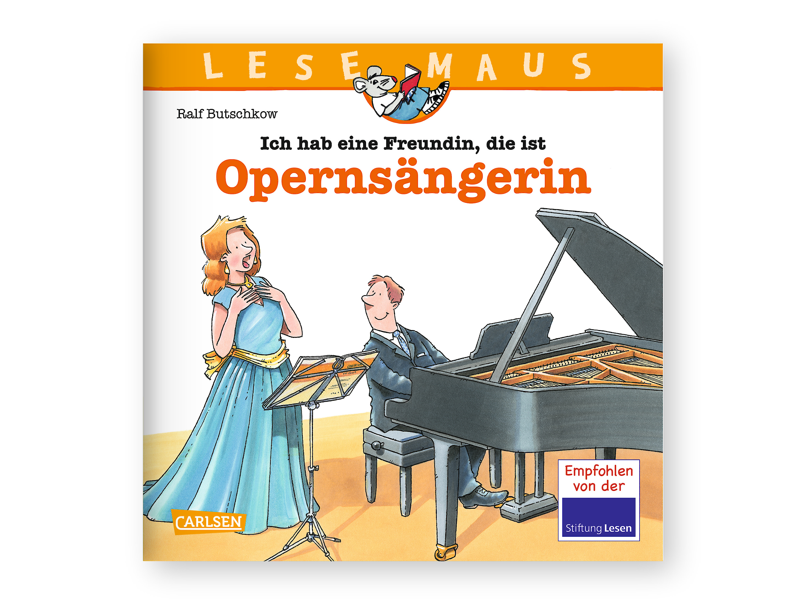 Das LESEMAUS-Titelbild zeigt eine Sängerin und einen Mann, der am Flügel Klavier spielt. Der Titel lautet „Ich hab eine Freundin, die ist Opernsängerin“.