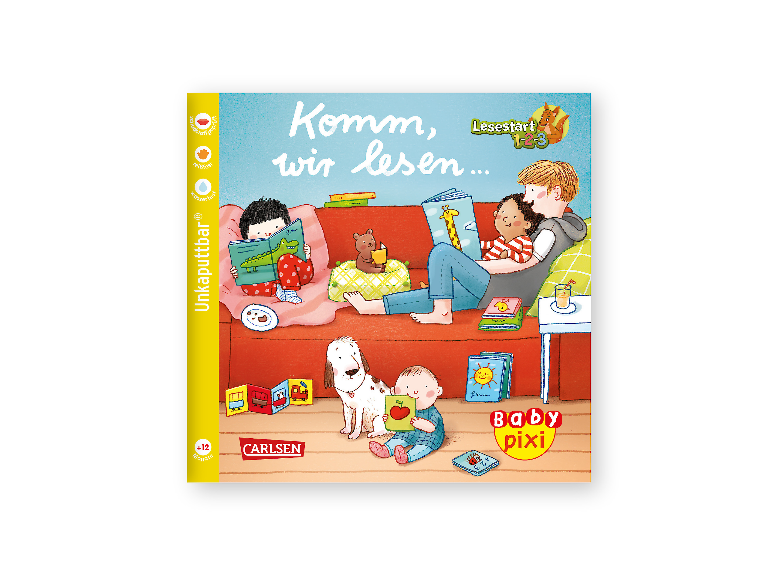 Das Baby Pixi zeigt Kinder und einen Erwachsenen, die zusammen auf einem Sofa Bücher lesen. Ein Baby sitzt auf dem Boden mit einem Buch, und ein Hund sitzt daneben. Oben steht der Titel „Komm, wir lesen …“.