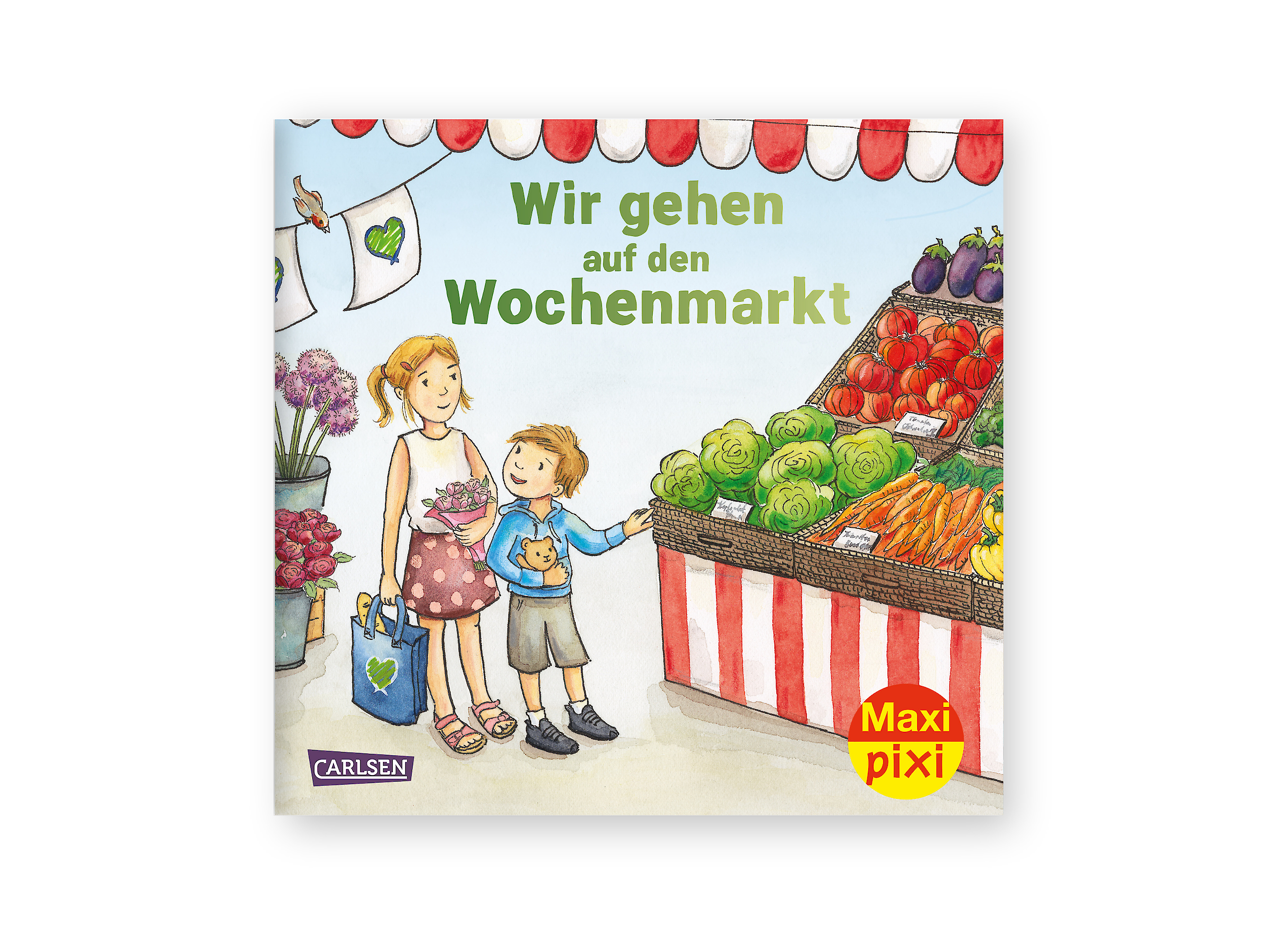 Das Maxi Pixi zeigt eine Frau und ein Kind auf einem Wochenmarkt. Sie stehen vor einem Gemüsestand. Der Titel lautet „Wir gehen auf den Wochenmarkt“.