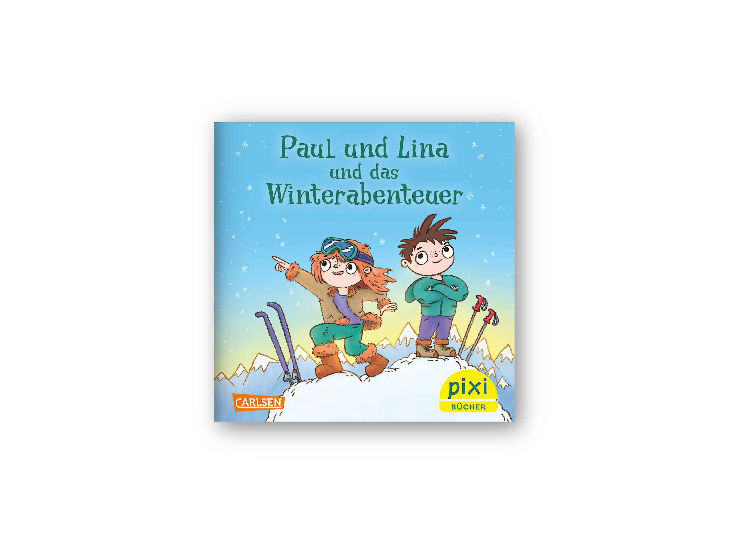 Das Pixi-Buch zeigt Paul und Lina auf einem schneebedeckten Berg. Sie tragen Winterkleidung, und neben ihnen stehen Skistöcke. Oben steht der Titel „Paul und Lina und das Winterabenteuer“.
