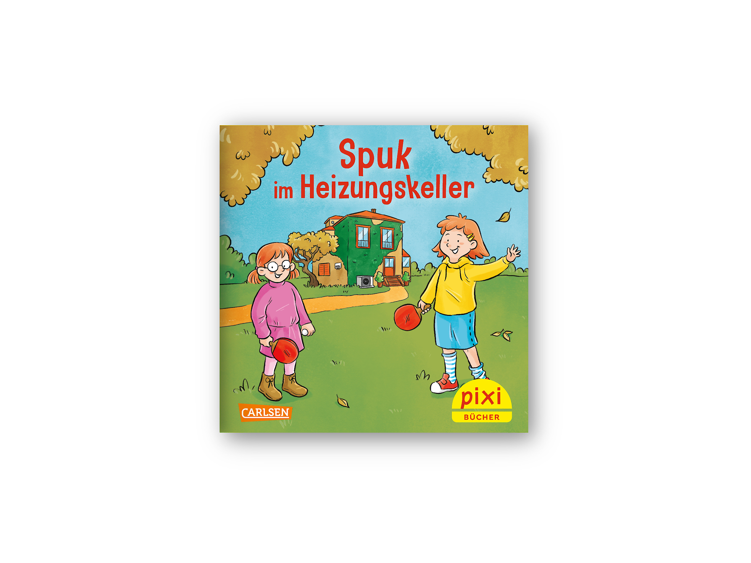 Auf dem Bild sieht man das Titelbild des Pixi-Buchs „Spuk im Heizungskeller“. Zwei Kinder stehen auf einer Wiese vor einem Haus. Blätter fallen von den Bäumen. Beide Kinder halten rote Tischtennisschläger in der Hand.