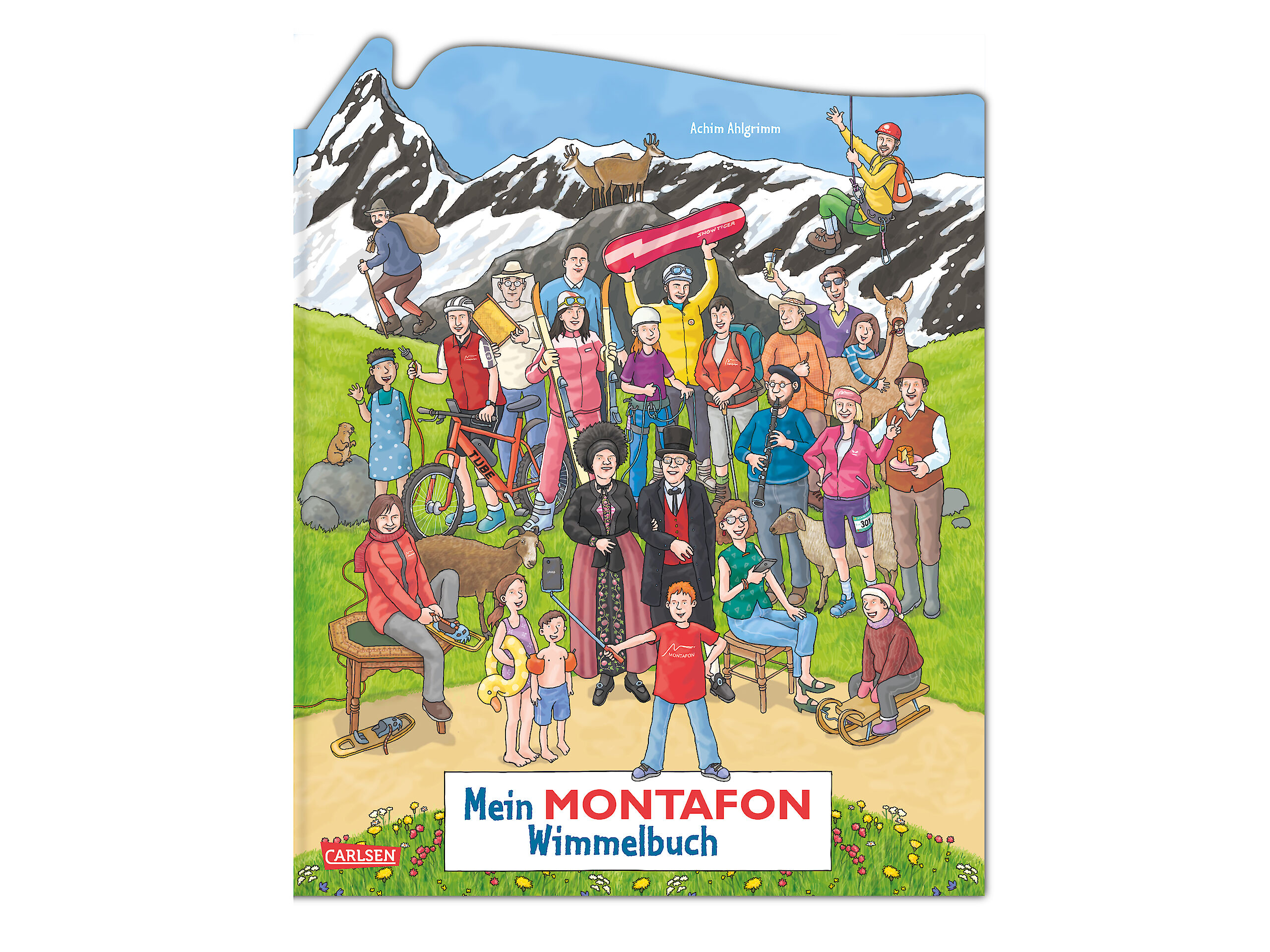 Das Bild zeigt das Cover des Buches „Mein Montafon Wimmelbuch“. Darauf sind viele Menschen in einer Berglandschaft abgebildet, umgeben von grünen Wiesen, Tieren und schneebedeckten Bergen. Sie tragen traditionelle Kleidung oder Freizeitkleidung und machen verschiedene Aktivitäten wie Wandern und Radfahren.