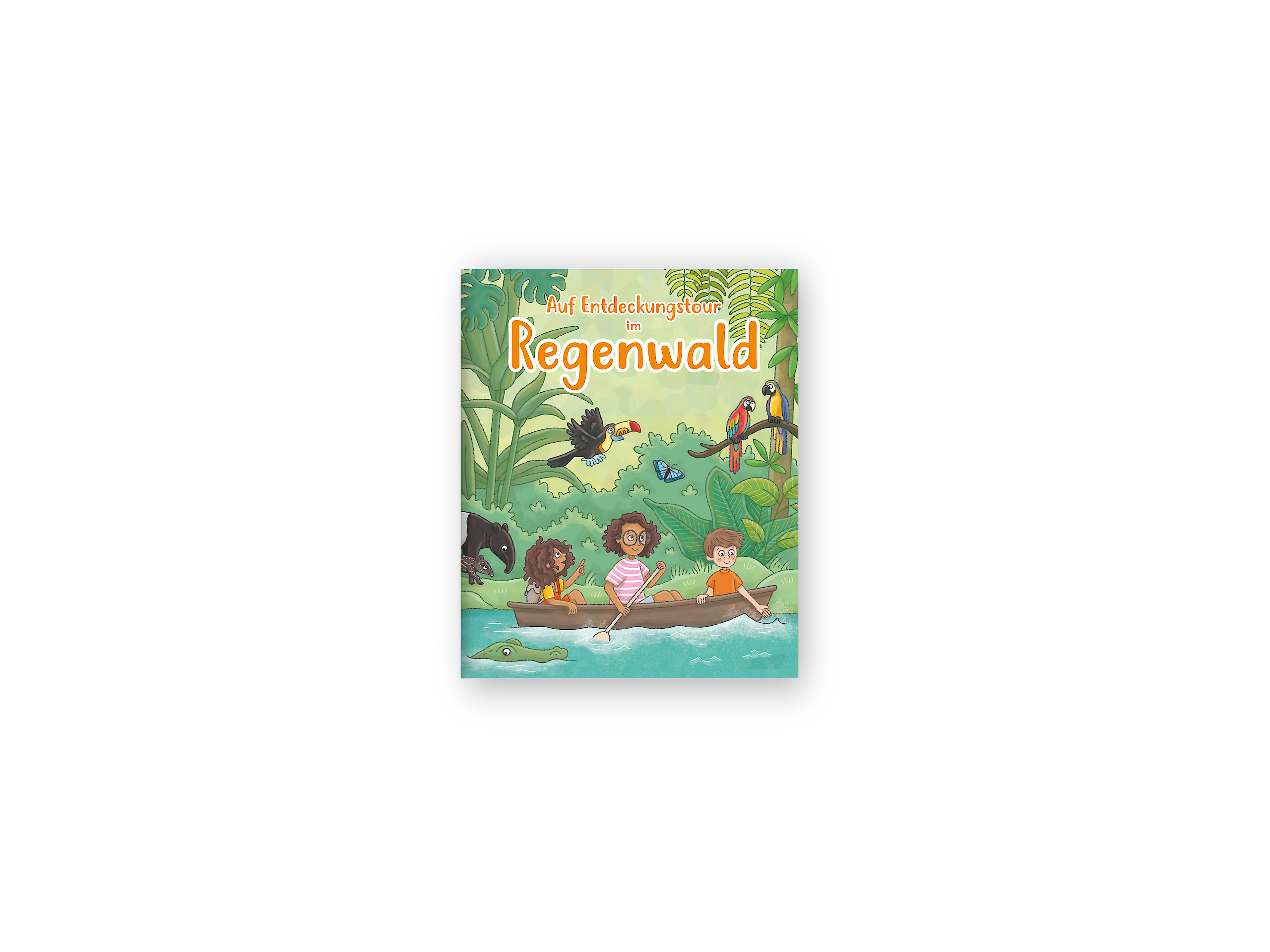 Das Titelbild zeigt Kinder in einem Kanu, die durch einen dichten Regenwald fahren. Papageien, ein Affe und ein Krokodil sind zu sehen. Der Titel lautet „Auf Entdeckungstour im Regenwald“.