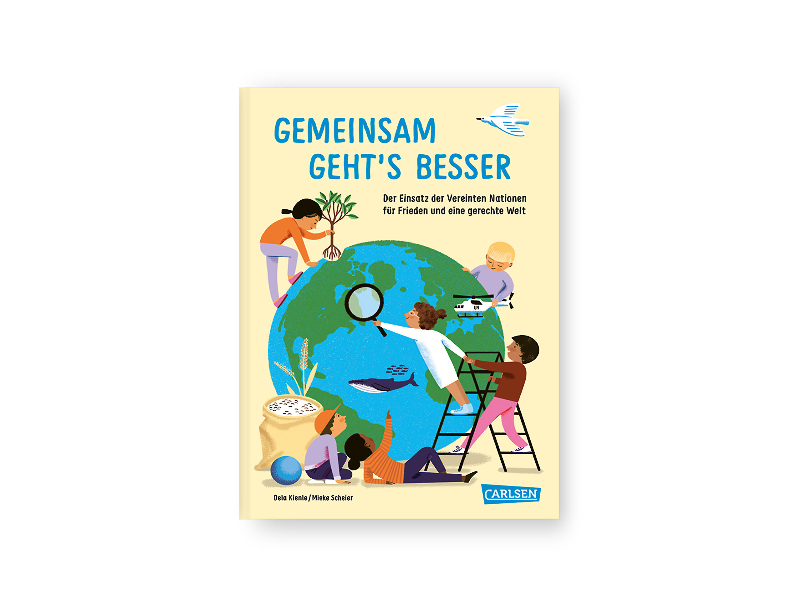 Das Titelbild zeigt eine große Weltkugel, um die Kinder gemeinsam arbeiten, forschen und helfen. Oben steht der Titel „Gemeinsam geht's besser“.