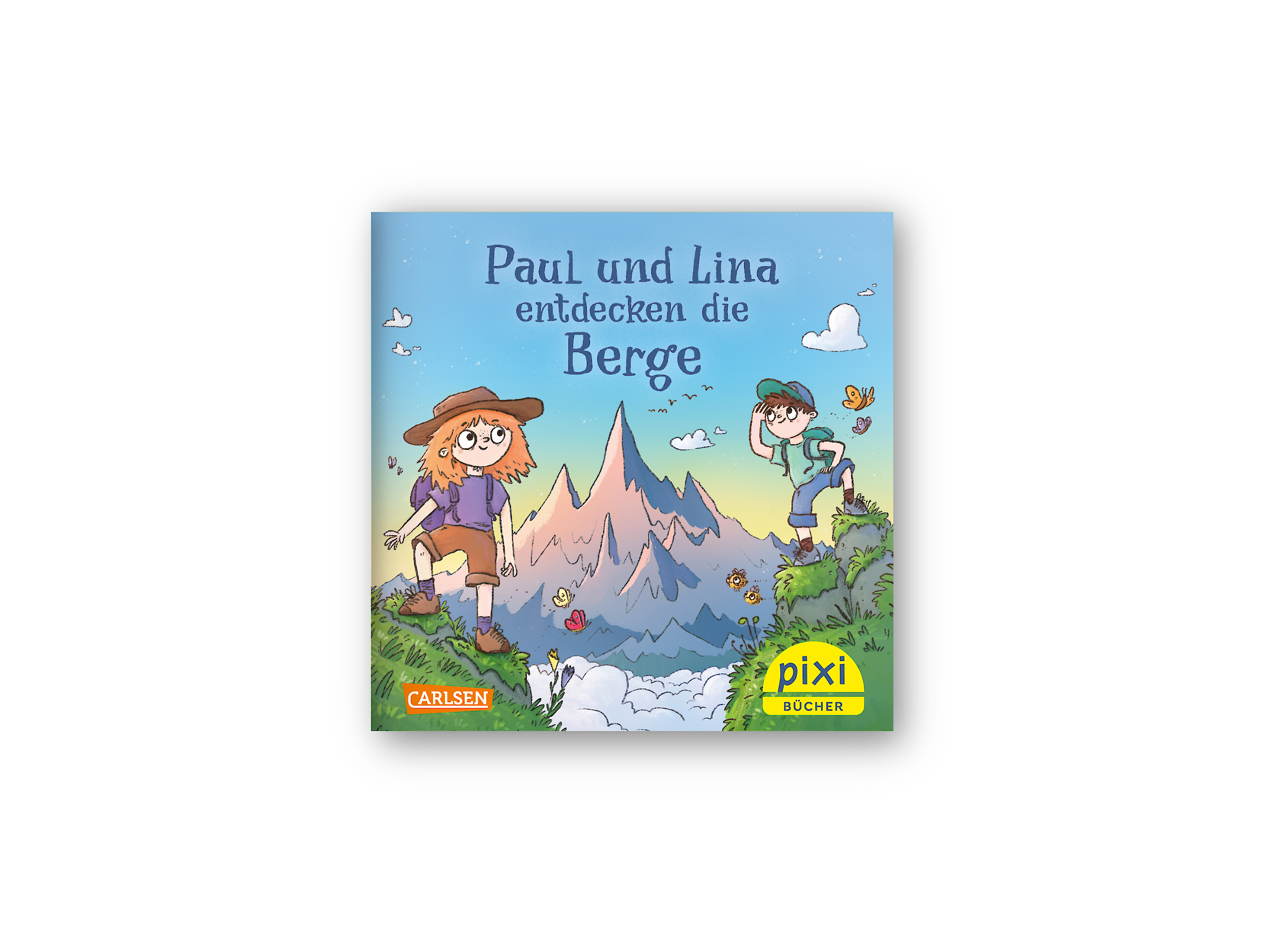 Auf dem Bild sieht man das Titelbild des Pixi-Buchs „Paul und Lina entdecken die Berge“. Zwei Kinder stehen auf grünen Hügeln und schauen in die Ferne. Im Hintergrund sind hohe Berge und Schmetterlinge zu sehen.
