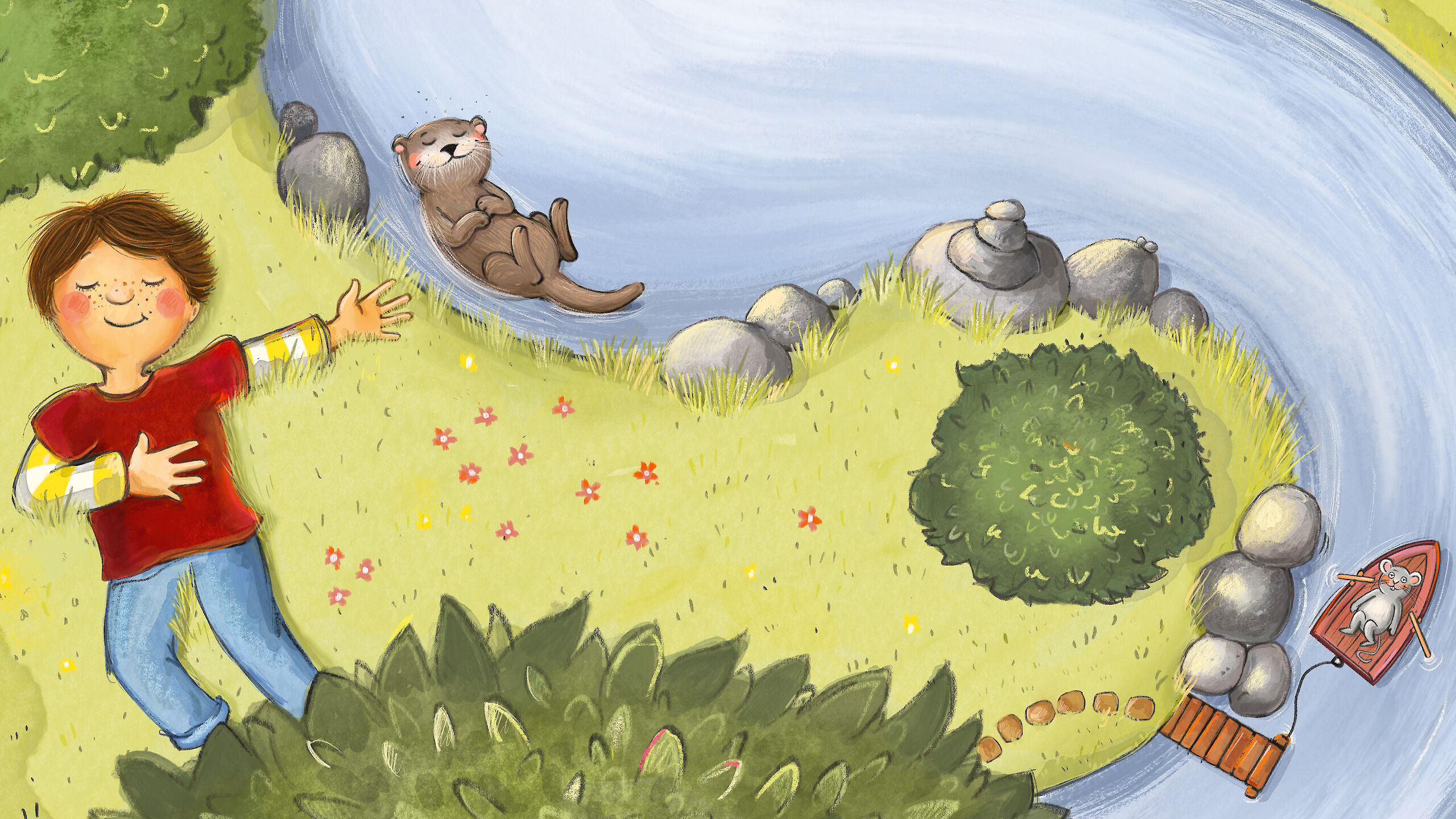 Ein Kind liegt entspannt auf einer Wiese mit bunten Blumen. Neben einem Flussufer schwimmt ein Otter auf dem Rücken. Unten rechts schwimmt eine Maus in einem kleinen roten Boot auf dem Wasser.