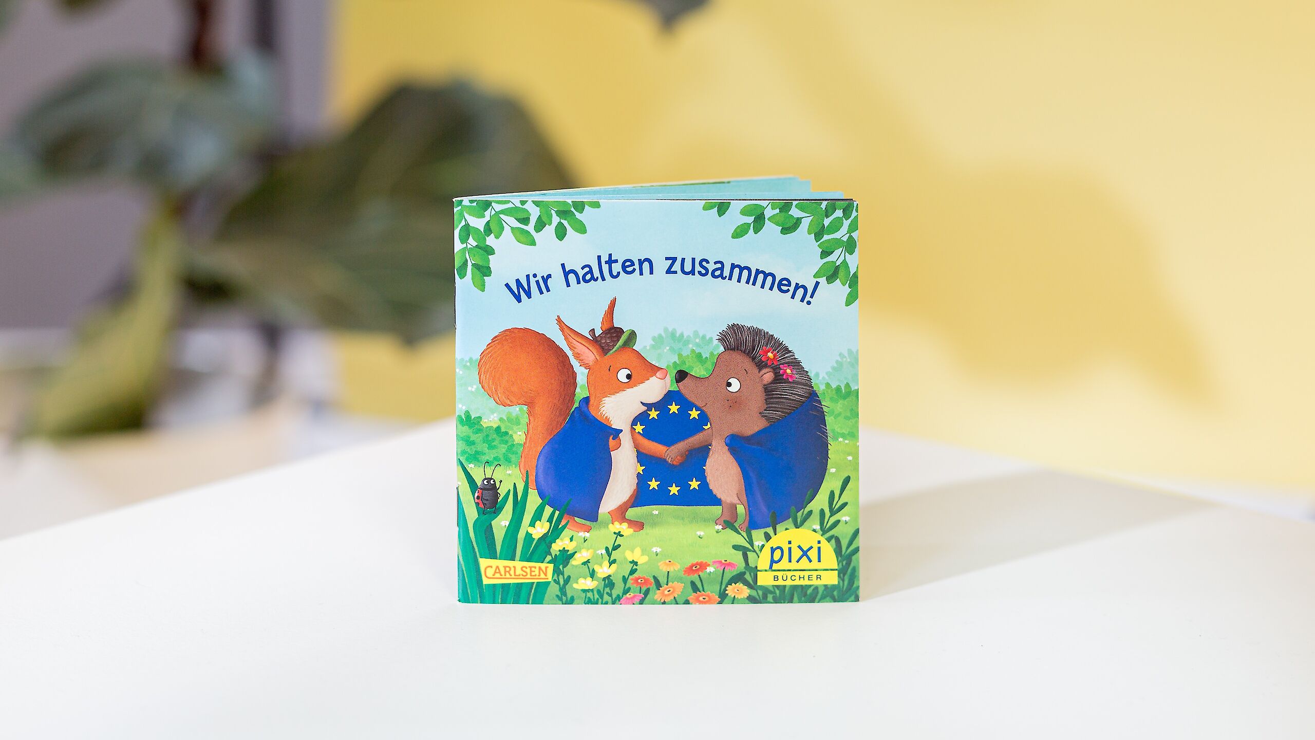 Das Bild zeigt ein kleines Pixi-Buch mit dem Titel „Wir halten zusammen!“. Auf dem Cover sind ein Eichhörnchen und ein Igel abgebildet. Sie stehen nebeneinander auf einer Wiese, umgeben von Blumen und grünen Blättern. Beide tragen blaue Umhänge mit gelben Sternen, die an die Europaflagge erinnern. Sie halten sich an den Händen und schauen sich freundlich an. Unten rechts steht „Pixi Bücher“, und unten links ist das Carlsen-Logo zu sehen.