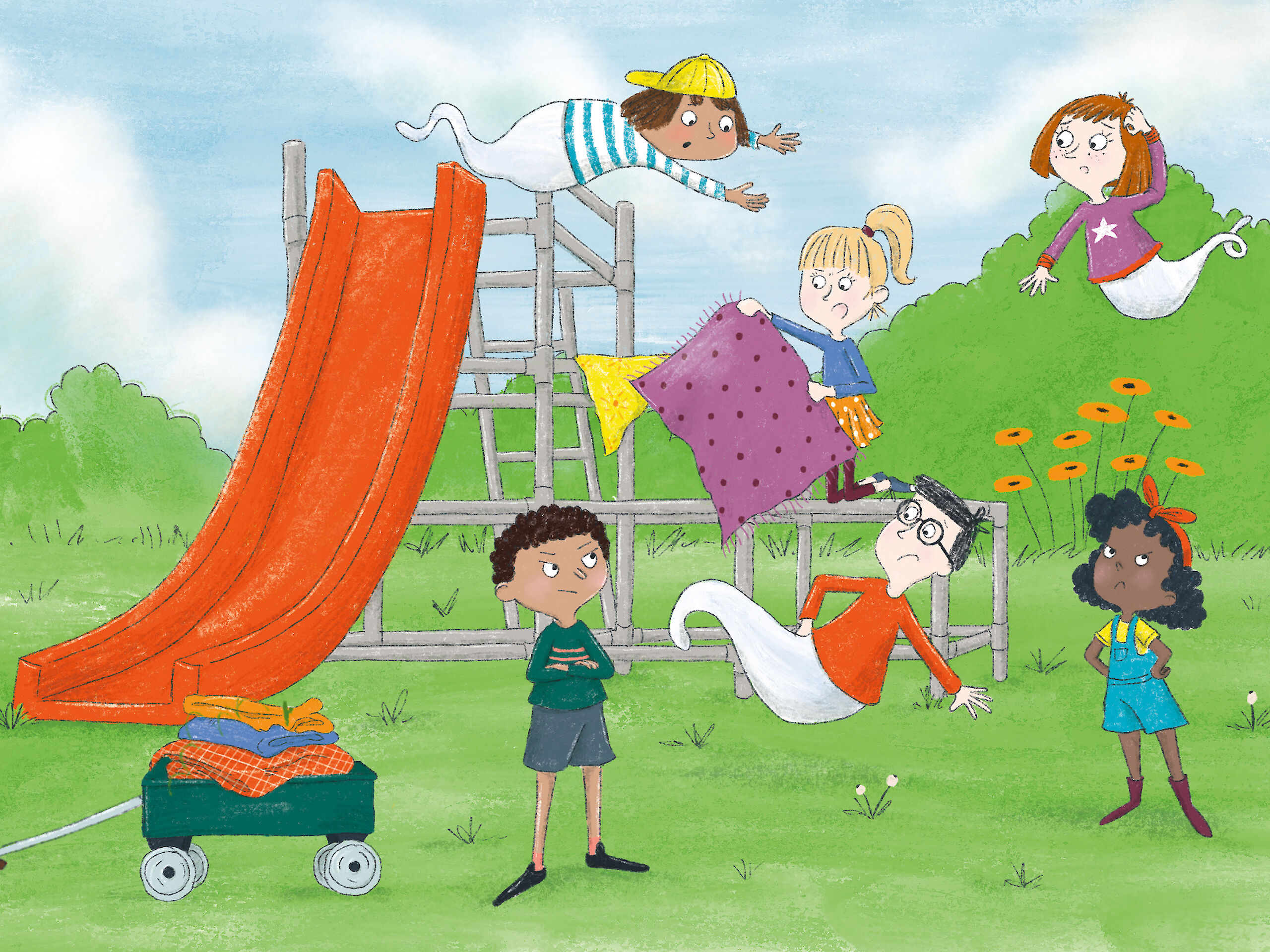 Das Bild zeigt eine grüne Wiese mit einer Rutsche und spielenden Kindern. Einige Kinder sind als Geister dargestellt und fliegen um die Rutsche, während andere am Boden stehen und zuschauen. Im Hintergrund sind Büsche, Blumen und ein bunter Ball zu sehen.