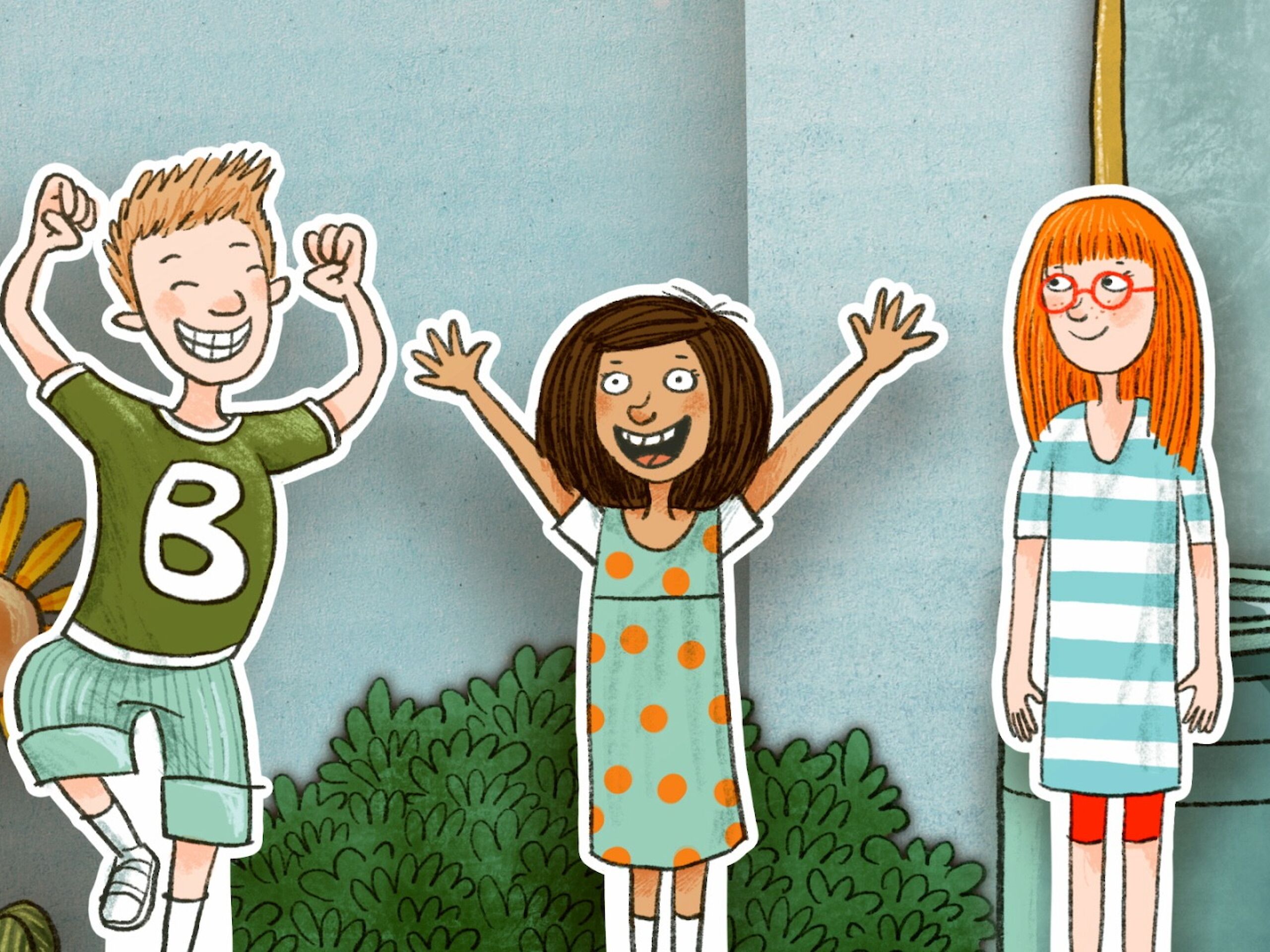 Illustration aus einem Pixi Wissen Video: Drei gezeichnete Kinder stehen draußen vor Sträuchern und heben lächelnd die Arme, im typischen Pixi Stil.