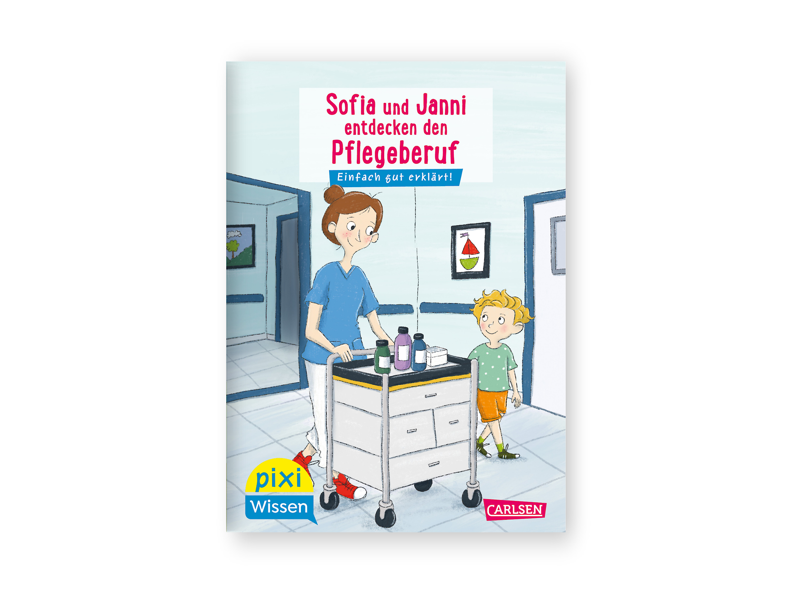 Kinderbuch-Cover des Pixi Wissen Buchs Sofia und Janni entdecken den Pflegeberuf. Illustration der Pflegekraft Sofia, die einen Wagen in einem Klinikflur schiebt. Ihr Bruder Janni steht daneben.