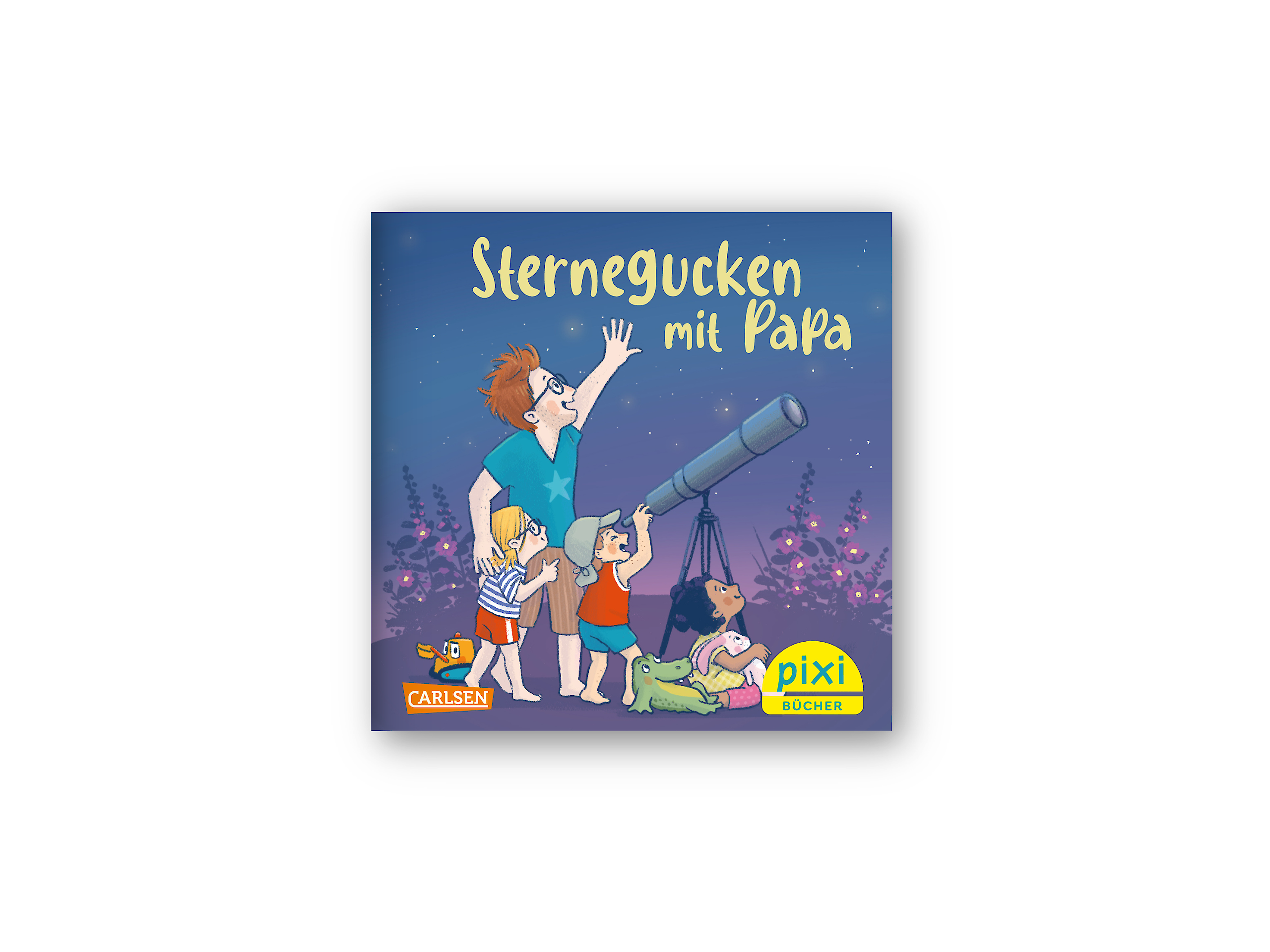 Kinderbuch-Cover des Pixi Buchs Sternegucken mit Papa. Illustration: Vater und Kinder schauen nachts mit einem Teleskop in den Sternenhimmel.