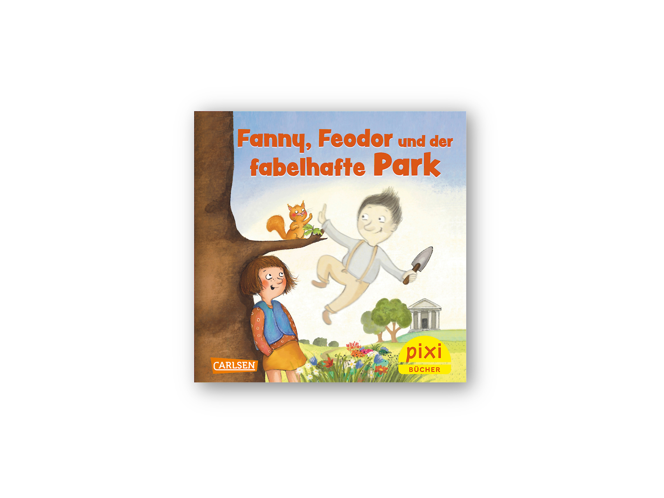 Kinderbuchcover des Pixi-Buchs „Fanny, Feodor und der fabelhafte Park“ mit Fanny, dem schwebenden Feodor und einem Eichhörnchen in einem Park.
