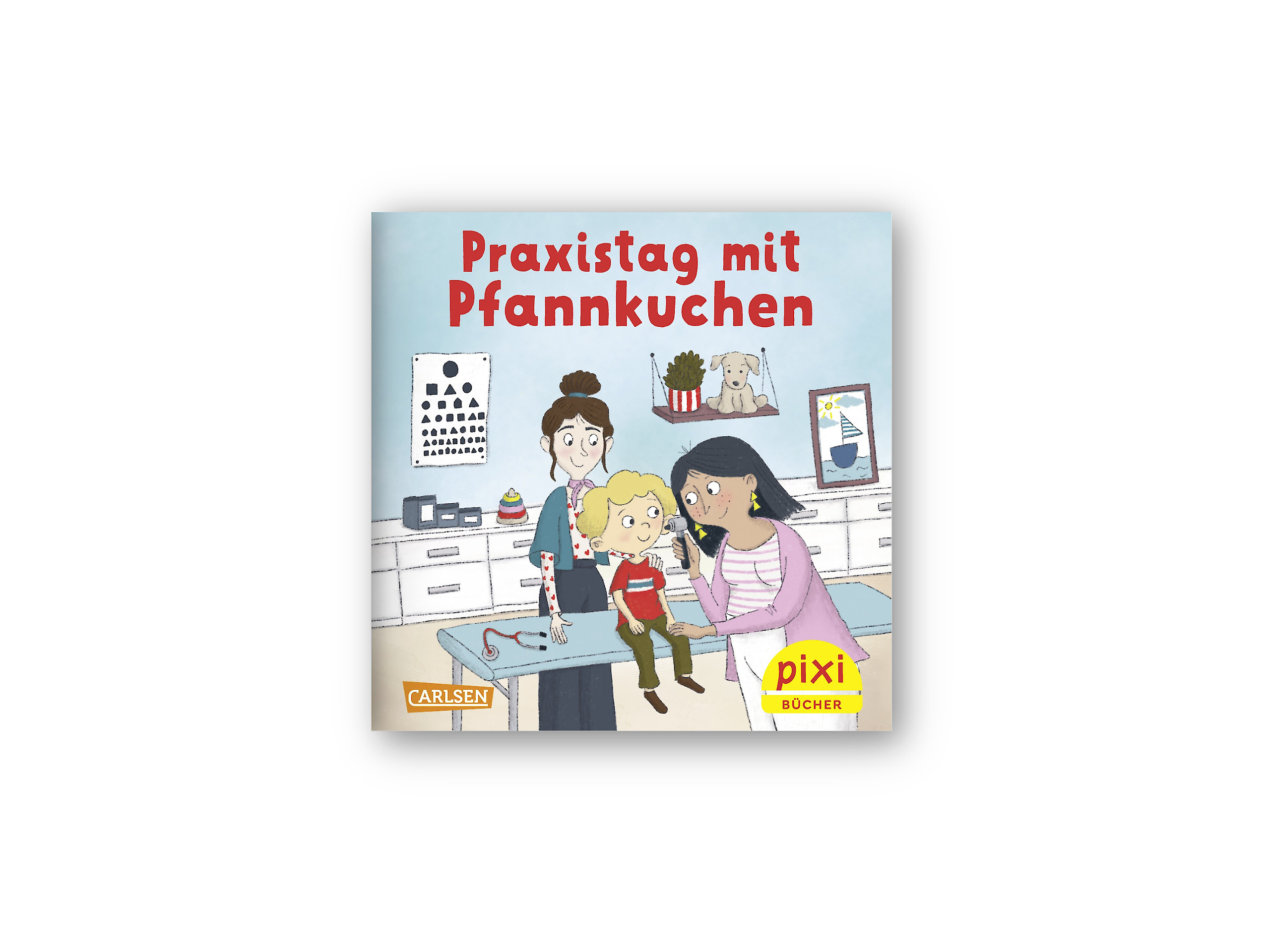 Kinderbuch-Cover des Pixi-Buchs "Praxistag mit Pfannkuchen": Mats sitzt, begleitet von seiner Mutter, in einer Hausarztpraxis auf einer Liege und wird von der Ärztin Dr. Gabriel mit Otoskop einem am Ohr untersucht.