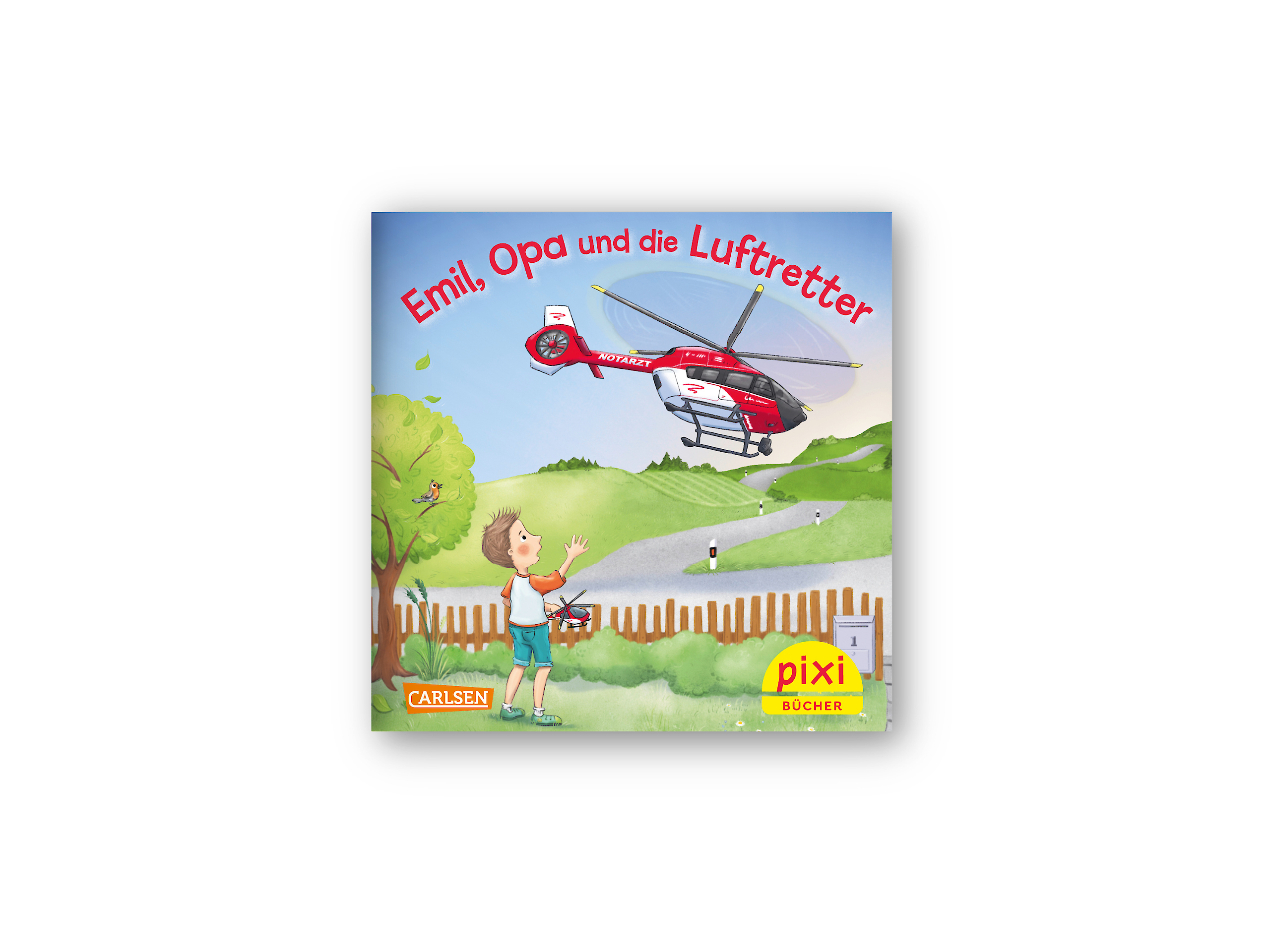 Kinderbuch-Cover des Pixi-Buchs "Emil, Opa und die Luftretter": Emil steht mit einem Spielzeughelikopter im Garten und winkt einem vorbeifliegenden Rettungshubschrauber zu.