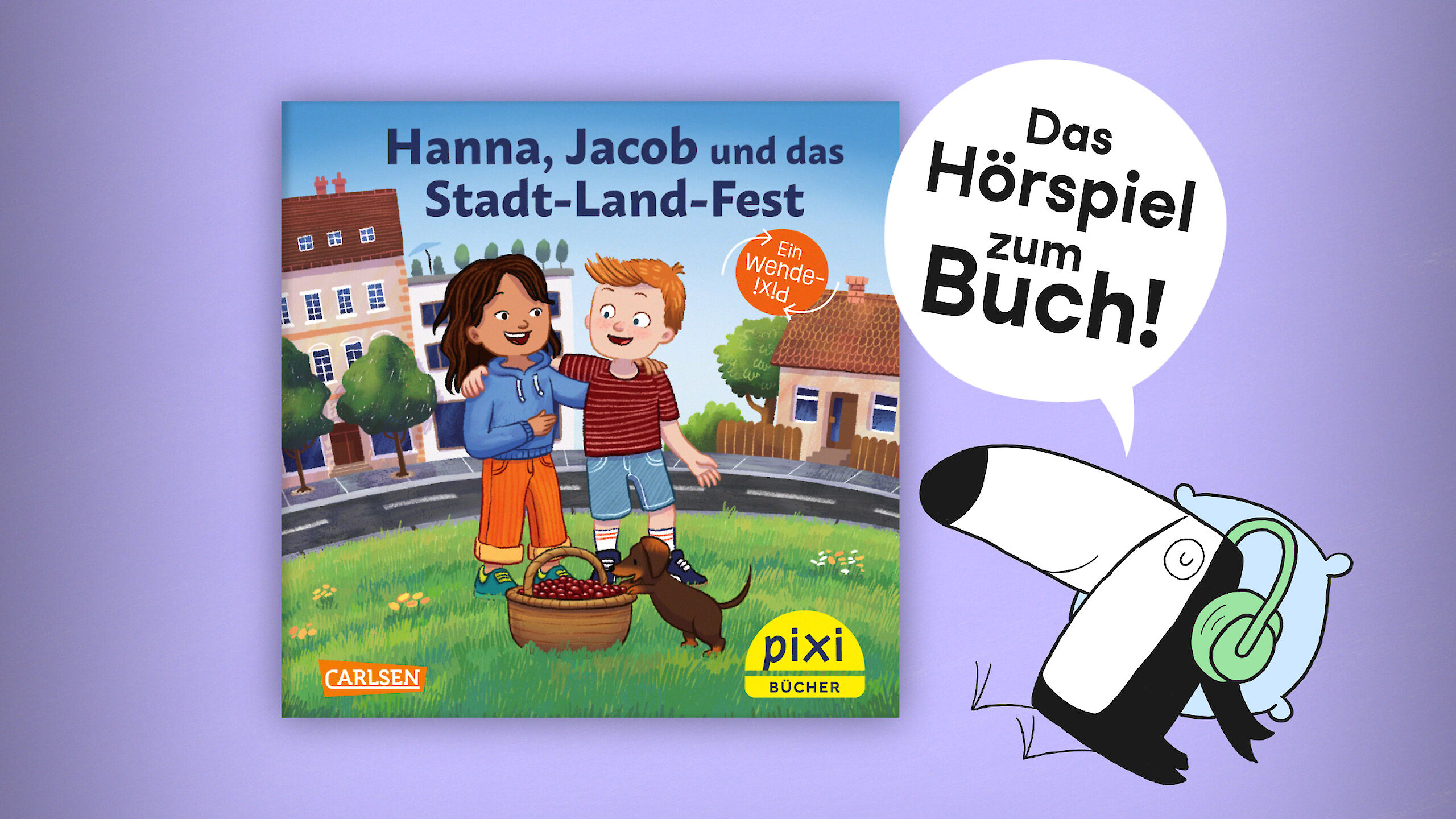 Hörspiel-Cover mit dem Pixi Buch-Cover "Hanna, Jacob und das Stadt-Land-Fest", daneben der Kakadu Herr K, mit dem Hinweis auf das Hörspiel zum Buch.