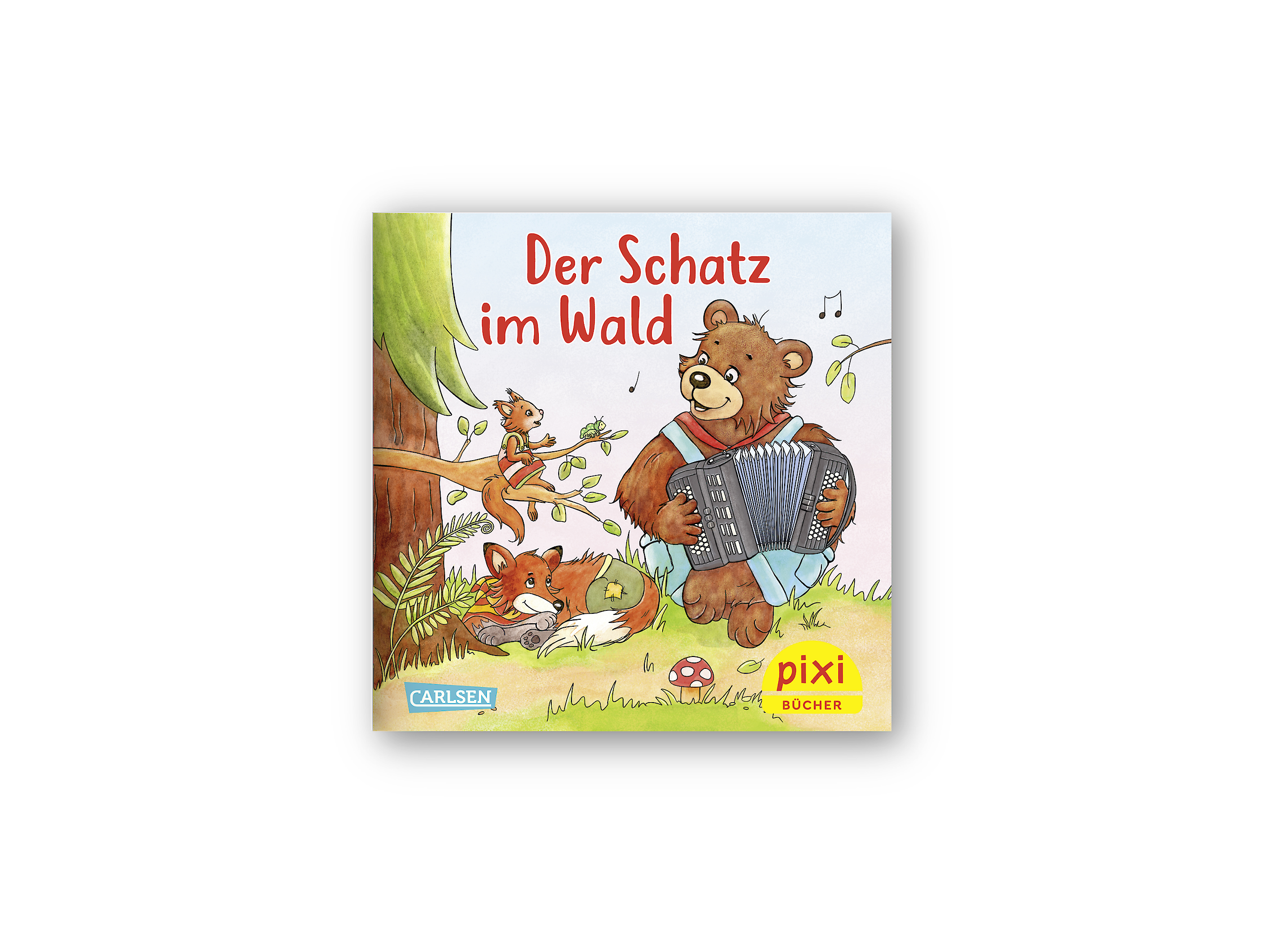 Pixi-Buch-Cover: Der Bär Bruno spielt Fuchs Fred und Eichhörnchen Ella auf dem Akkordeon vor.